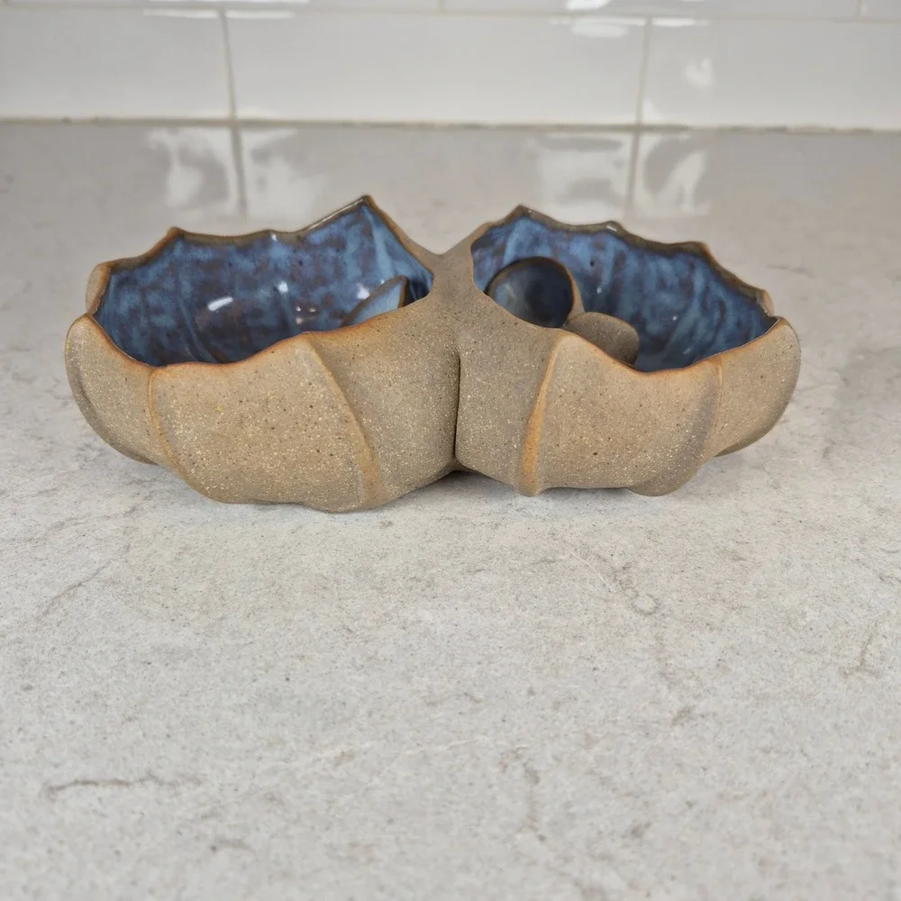 Barbara Walch Pinch Pottery Divided Stoneware Condiment Bowl Spoons Brown Blue